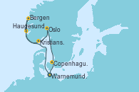 Visitando Warnemunde (Alemania), Haugesund (Noruega), Bergen (Noruega), Kristiansand (Noruega), Oslo (Noruega), Copenhague (Dinamarca), Warnemunde (Alemania)