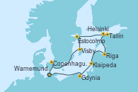 Visitando Warnemunde (Alemania), Gdynia (Polonia), Klaipeda (Lituania), Riga (Letonia), Tallin (Estonia), Helsinki (Finlandia), Estocolmo (Suecia), Estocolmo (Suecia), Visby (Suecia), Copenhague (Dinamarca), Warnemunde (Alemania)
