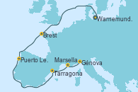 Visitando Warnemunde (Alemania), Brest (Francia), Puerto Leixões (Portugal), Tarragona (España), Marsella (Francia), Génova (Italia)