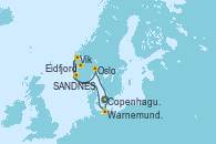 Visitando Copenhague (Dinamarca), Warnemunde (Alemania), Vik (Noruega), Eidfjord (Hardangerfjord/Noruega), SANDNES (STAVANGER), Oslo (Noruega), Copenhague (Dinamarca)