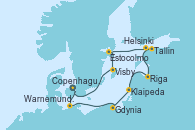 Visitando Copenhague (Dinamarca), Warnemunde (Alemania), Gdynia (Polonia), Klaipeda (Lituania), Riga (Letonia), Tallin (Estonia), Helsinki (Finlandia), Estocolmo (Suecia), Estocolmo (Suecia), Visby (Suecia), Copenhague (Dinamarca)
