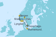 Visitando Copenhague (Dinamarca), Warnemunde (Alemania), Kristiansand (Noruega), Bergen (Noruega), Lyngdal	 Norway, Oslo (Noruega), Copenhague (Dinamarca)
