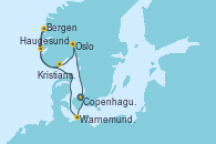 Visitando Copenhague (Dinamarca), Warnemunde (Alemania), Haugesund (Noruega), Bergen (Noruega), Kristiansand (Noruega), Oslo (Noruega), Copenhague (Dinamarca)
