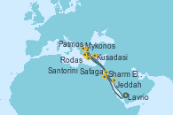 Visitando Lavrio (Grecia)Mykonos (Grecia), Kusadasi (Efeso/Turquía), Patmos (Grecia), Rodas (Grecia), Santorini (Grecia), Lavrio (Grecia), Kusadasi (Efeso/Turquía), Sharm El Sheik (Egipto), Safaga (Egipto), Jeddah (Arabia Saudí)