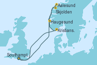 Visitando Southampton (Inglaterra), Haugesund (Noruega), Aalesund (Noruega), Skjolden (Noruega), Kristiansand (Noruega), Southampton (Inglaterra)
