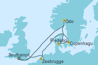 Visitando Southampton (Inglaterra), Oslo (Noruega), Fredericia (Dinamarca), Copenhague (Dinamarca), Zeebrugge (Bruselas), Southampton (Inglaterra)