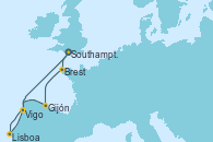 Visitando Southampton (Inglaterra), Brest (Francia), Gijón (Asturias/España), Vigo (España), Lisboa (Portugal), Southampton (Inglaterra)