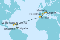 Visitando Génova (Italia), Marsella (Francia), Barcelona, Tánger (Marruecos), St. John´s (Antigua y Barbuda), Philipsburg (St. Maarten), Basseterre (Antillas), La Romana (República Dominicana)