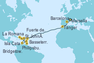 Visitando Marsella (Francia), Barcelona, Tánger (Marruecos), St. John´s (Antigua y Barbuda), Philipsburg (St. Maarten), Basseterre (Antillas), La Romana (República Dominicana), Isla Catalina (República Dominicana), Bridgetown (Barbados), Fuerte de France (Martinica) Visitando Marsella (Francia), Barcelona, Tánger (Marruecos), St. John´s (Antigua y Barbuda), Philipsburg (St. Maarten), Basseterre (Antillas), La Romana (República Dominicana), Isla Catalina (República Dominicana), Bridgetown (Barbados), Fuerte de France (Martinica)