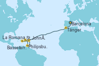 Visitando Barcelona, Tánger (Marruecos), St. John´s (Antigua y Barbuda), Philipsburg (St. Maarten), Basseterre (Antillas), La Romana (República Dominicana)