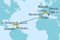 Visitando Civitavecchia (Roma), Livorno, Pisa y Florencia (Italia), Génova (Italia), Marsella (Francia), Barcelona, Tánger (Marruecos), St. John´s (Antigua y Barbuda), Philipsburg (St. Maarten), Basseterre (Antillas), La Romana (República Dominicana) Visitando Civitavecchia (Roma), Livorno, Pisa y Florencia (Italia), Génova (Italia), Marsella (Francia), Barcelona, Tánger (Marruecos), St. John´s (Antigua y Barbuda), Philipsburg (St. Maarten), Basseterre (Antillas), La Romana (República Dominicana)