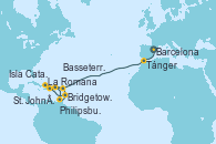 Visitando Barcelona, Tánger (Marruecos), St. John´s (Antigua y Barbuda), Philipsburg (St. Maarten), Basseterre (Antillas), La Romana (República Dominicana), Isla Catalina (República Dominicana), Bridgetown (Barbados) Visitando Barcelona, Tánger (Marruecos), St. John´s (Antigua y Barbuda), Philipsburg (St. Maarten), Basseterre (Antillas), La Romana (República Dominicana), Isla Catalina (República Dominicana), Bridgetown (Barbados)