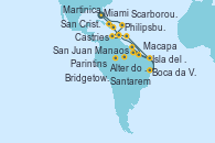 Visitando Miami (Florida/EEUU), Philipsburg (St. Maarten), Castries (Santa Lucía/Caribe), Scarborough (Trinidad & Tobago), Macapa (Brasil), Santarem (Brasil), Boca da Valeria (Amazonas), Manaos (Brasil), Manaos (Brasil), Parintins (Brasil), Alter do Chao (Brasil), Isla del Diablo (Guyana Francesa/Francia), Bridgetown (Barbados), Martinica (Antillas), San Cristóbal y Nieves, San Juan (Puerto Rico), Miami (Florida/EEUU) Visitando Miami (Florida/EEUU), Philipsburg (St. Maarten), Castries (Santa Lucía/Caribe), Scarborough (Trinidad & Tobago), Macapa (Brasil), Santarem (Brasil), Boca da Valeria (Amazonas), Manaos (Brasil), Manaos (Brasil), Parintins (Brasil), Alter do Chao (Brasil), Isla del Diablo (Guyana Francesa/Francia), Bridgetown (Barbados), Martinica (Antillas), San Cristóbal y Nieves, San Juan (Puerto Rico), Miami (Florida/EEUU)