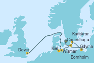 Visitando Copenhague (Dinamarca), Karlskrona (Suecia), Gdynia (Polonia), Bornholm (Dinamarca), Wismar (Alemania), Kiel (Alemania), Kiel (Alemania), Dover (Inglaterra)