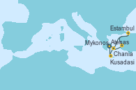 Visitando Atenas (Grecia), Mykonos (Grecia), Kusadasi (Efeso/Turquía), Estambul (Turquía), Estambul (Turquía), Chania (Creta/Grecia), Atenas (Grecia)