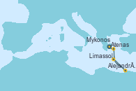 Visitando Atenas (Grecia), Limassol (Chipre), Alejandría (Egipto), Alejandría (Egipto), Mykonos (Grecia), Atenas (Grecia)