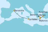 Visitando Atenas (Grecia), Mykonos (Grecia), Kusadasi (Efeso/Turquía), Santorini (Grecia), La Valletta (Malta), Barcelona