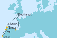 Visitando Southampton (Inglaterra), Vigo (España), Lisboa (Portugal), La Coruña (Galicia/España), Bilbao (España), Southampton (Inglaterra)