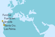Visitando Santa Cruz de Tenerife (España), Santa Cruz de la Palma (España), Funchal (Madeira), Arrecife (Lanzarote/España), Las Palmas de Gran Canaria (España), Fuerteventura (Canarias/España), Santa Cruz de Tenerife (España)