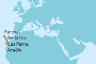 Visitando Las Palmas de Gran Canaria (España), Santa Cruz de la Palma (España), Santa Cruz de Tenerife (España), Santa Cruz de la Palma (España), Funchal (Madeira), Arrecife (Lanzarote/España), Las Palmas de Gran Canaria (España)
