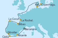 Visitando Barcelona, Alicante (España), Gibraltar (Inglaterra), Cádiz (España), La Coruña (Galicia/España), Bilbao (España), La Rochelle (Francia), Kiel (Alemania), Copenhague (Dinamarca)