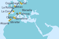 Visitando Marsella (Francia), Génova (Italia), Barcelona, Alicante (España), Gibraltar (Inglaterra), Cádiz (España), La Coruña (Galicia/España), Bilbao (España), La Rochelle (Francia), Kiel (Alemania), Copenhague (Dinamarca)