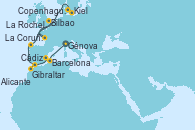 Visitando Génova (Italia), Barcelona, Alicante (España), Gibraltar (Inglaterra), Cádiz (España), La Coruña (Galicia/España), Bilbao (España), La Rochelle (Francia), Kiel (Alemania), Copenhague (Dinamarca)