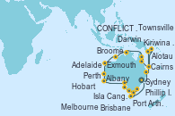Visitando Sydney (Australia), Brisbane (Australia), Alotau (Pupúa Nueva Guinea), Kiriwina Island, CONFLICT ISLANDS, Cairns (Australia), Townsville, Darwin (Australia), Broome (Australia), Exmouth (Australia), Perth (Australia), Perth (Australia), Albany (Australia), Adelaide (Australia), Isla Canguro (Australia), Melbourne (Australia), Phillip Island, Hobart (Australia), Hobart (Australia), Port Arthur (Tasmania/Australia), Sydney (Australia)