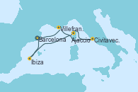 Visitando Barcelona, Villefranche (Niza/Mónaco/Francia), Civitavecchia (Roma), Ajaccio (Córcega), Ibiza (España), Ibiza (España), Barcelona