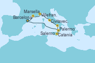 Visitando Barcelona, Marsella (Francia), Villefranche (Niza/Mónaco/Francia), Civitavecchia (Roma), Salerno (Italia), Catania (Sicilia), Palermo (Italia), Barcelona