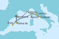 Visitando Barcelona, Palma de Mallorca (España), Cannes (Francia), Civitavecchia (Roma), Livorno, Pisa y Florencia (Italia), Ajaccio (Córcega), Ibiza (España), Ibiza (España), Barcelona