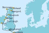 Visitando Southampton (Inglaterra), Invergordon (Escocia), Kirkwall (Escocia), Stornoway (Isla de Lewis/Escocia), Greenock (Escocia), Greenock (Escocia), Belfast (Irlanda), Dun Laoghaire (Dublin/Irlanda), Cork (Irlanda), Le Havre (Francia), Southampton (Inglaterra)