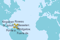Visitando Bridgetown (Barbados), Basseterre (Antillas), St. John´s (Antigua y Barbuda), Roseau (Dominica), Fuerte de France (Martinica), Pointe a Pitre (Guadalupe), Kingstown (Granadinas), Bridgetown (Barbados)