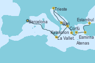 Visitando Barcelona, La Valletta (Malta), Corfú (Grecia), Bari (Italia), Trieste (Italia), Katakolon (Olimpia/Grecia), Atenas (Grecia), Esmirna (Turquía), Estambul (Turquía)
