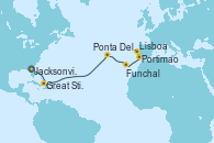 Visitando Jacksonville (Florida/EEUU), Great Stirrup Cay (Bahamas), Ponta Delgada (Azores), Funchal (Madeira), Portimao (Portugal), Lisboa (Portugal)