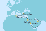 Visitando Kusadasi (Efeso/Turquía), Sharm El Sheik (Egipto), Safaga (Egipto), Jeddah (Arabia Saudí), Abu Dhabi (Emiratos Árabes Unidos), Abu Dhabi (Emiratos Árabes Unidos)