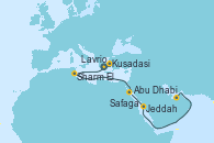 Visitando Lavrio (Grecia), Kusadasi (Efeso/Turquía), Sharm El Sheik (Egipto), Safaga (Egipto), Jeddah (Arabia Saudí), Abu Dhabi (Emiratos Árabes Unidos), Abu Dhabi (Emiratos Árabes Unidos)