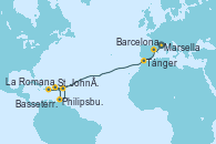 Visitando Marsella (Francia), Barcelona, Tánger (Marruecos), St. John´s (Antigua y Barbuda), Philipsburg (St. Maarten), Basseterre (Antillas), La Romana (República Dominicana)