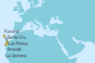 Visitando Las Palmas de Gran Canaria (España), Funchal (Madeira), Santa Cruz de Tenerife (España), La Gomera (Islas Canarias/España), Santa Cruz de la Palma (España), Arrecife (Lanzarote/España), Las Palmas de Gran Canaria (España)