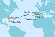 Visitando Lisboa (Portugal), Cádiz (España), Casablanca (Marruecos), Ponta Delgada (Azores), Great Stirrup Cay (Bahamas), Jacksonville (Florida/EEUU)