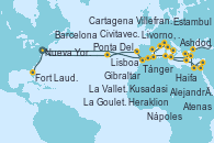 Visitando Nueva York (Estados Unidos), Ponta Delgada (Azores), Lisboa (Portugal), Cartagena (Murcia), Barcelona, Villefranche (Niza/Mónaco/Francia), Livorno, Pisa y Florencia (Italia), Civitavecchia (Roma), Nápoles (Italia), Heraklion (Creta), Ashdod (Israel), Haifa (Israel), Alejandría (Egipto), Alejandría (Egipto), Kusadasi (Efeso/Turquía), Estambul (Turquía), Estambul (Turquía), Atenas (Grecia), La Valletta (Malta), La Goulette (Tunez), Gibraltar (Inglaterra), Tánger (Marruecos), Nueva York (Estados Unidos), Fort Lauderdale (Florida/EEUU)