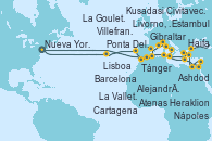 Visitando Nueva York (Estados Unidos), Ponta Delgada (Azores), Lisboa (Portugal), Cartagena (Murcia), Barcelona, Villefranche (Niza/Mónaco/Francia), Livorno, Pisa y Florencia (Italia), Civitavecchia (Roma), Nápoles (Italia), Heraklion (Creta), Ashdod (Israel), Haifa (Israel), Alejandría (Egipto), Alejandría (Egipto), Kusadasi (Efeso/Turquía), Estambul (Turquía), Estambul (Turquía), Atenas (Grecia), La Valletta (Malta), La Goulette (Tunez), Gibraltar (Inglaterra), Tánger (Marruecos), Nueva York (Estados Unidos)
