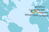 Visitando Lisboa (Portugal), Cádiz (España), Málaga, Marsella (Francia), Barcelona, La Goulette (Tunez), Palermo (Italia)