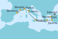Visitando Estambul (Turquía), Dikili (Turquía), Esmirna (Turquía), Atenas (Grecia), Messina (Sicilia), Livorno, Pisa y Florencia (Italia), Villefranche (Niza/Mónaco/Francia), Marsella (Francia), Barcelona Visitando Estambul (Turquía), Dikili (Turquía), Esmirna (Turquía), Atenas (Grecia), Messina (Sicilia), Livorno, Pisa y Florencia (Italia), Villefranche (Niza/Mónaco/Francia), Marsella (Francia), Barcelona