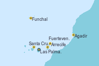 Visitando Las Palmas de Gran Canaria (España), Funchal (Madeira), Santa Cruz de Tenerife (España), Arrecife (Lanzarote/España), Agadir (Marruecos), Fuerteventura (Canarias/España), Las Palmas de Gran Canaria (España)