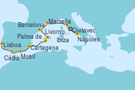 Visitando Civitavecchia (Roma), Nápoles (Italia), Livorno, Pisa y Florencia (Italia), Marsella (Francia), Barcelona, Palma de Mallorca (España), Ibiza (España), Cartagena (Murcia), Motril (Granada/Andalucía), Cádiz (España), Lisboa (Portugal)