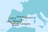 Visitando Valencia, Cartagena (Murcia), Málaga, Cádiz (España), Lisboa (Portugal), Alicante (España), Barcelona