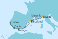 Visitando Cádiz (España), Lisboa (Portugal), Barcelona, Savona (Italia), Marsella (Francia), Barcelona, Málaga, Cádiz (España)