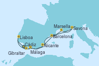Visitando Cádiz (España), Lisboa (Portugal), Alicante (España), Barcelona, Savona (Italia), Marsella (Francia), Málaga, Gibraltar (Inglaterra), Cádiz (España)