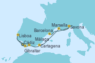 Visitando Cádiz (España), Lisboa (Portugal), Lisboa (Portugal), Gibraltar (Inglaterra), Málaga, Cartagena (Murcia), Marsella (Francia), Savona (Italia), Barcelona Visitando Cádiz (España), Lisboa (Portugal), Lisboa (Portugal), Gibraltar (Inglaterra), Málaga, Cartagena (Murcia), Marsella (Francia), Savona (Italia), Barcelona